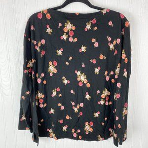 J Jill Luxe Supima Boat‎ Neck Tee Black with Floral Design size Medium Petite